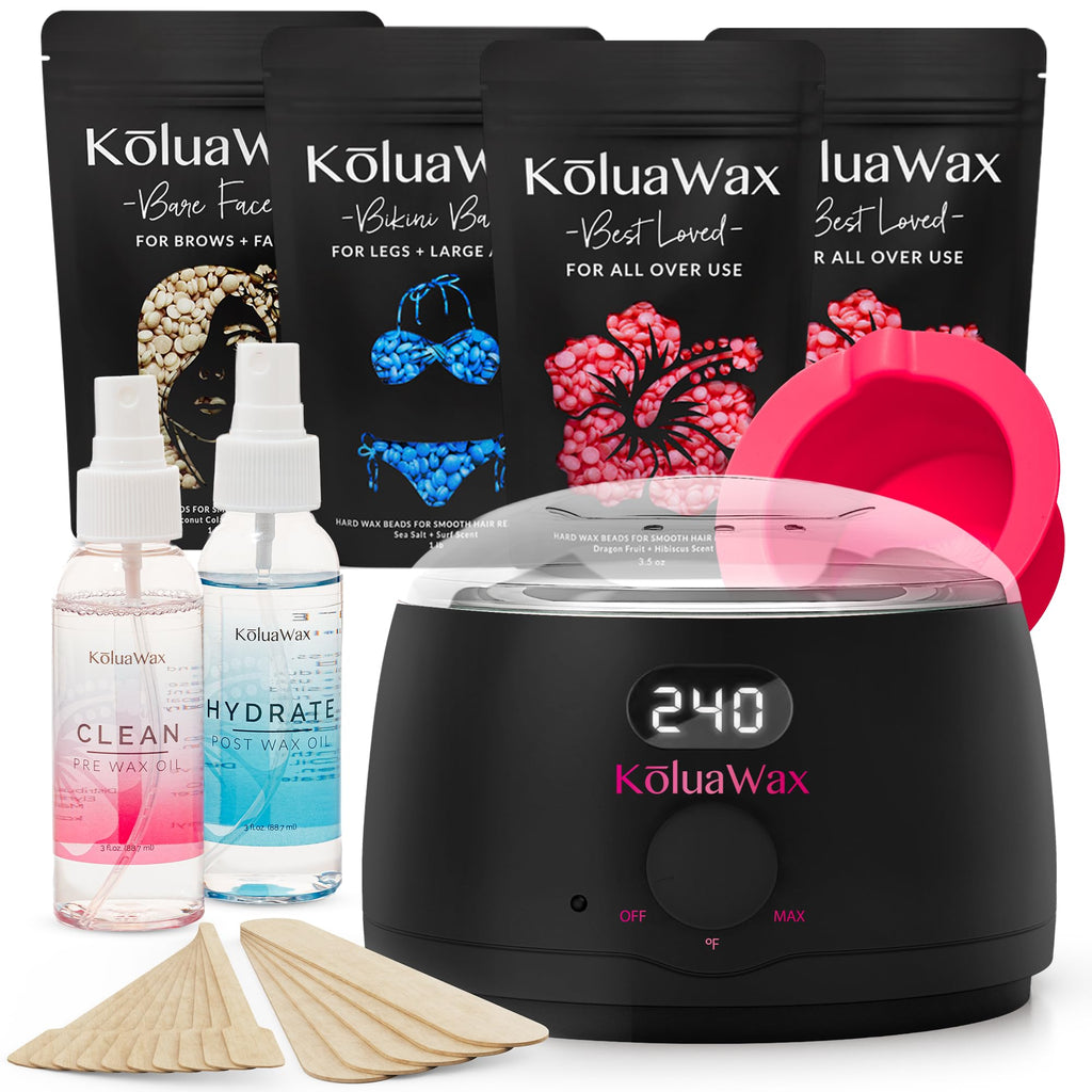 KoluaWax Premium Waxing Kit for Women - Hot Melt Hard Wax Warmer for Hair Removal, Eyebrow, Bikini, Legs, Face, Brazilian Wax - Machine, 4-Pack Beads, Accessories, Sand