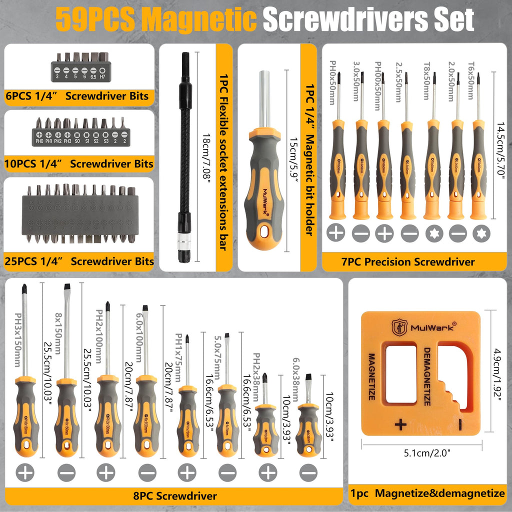 MulWark Magnetic Screwdriver Set with Case, Screw Driver Set Kit 59 Piece Includs Phillips, Hex, Pozidriv, Torx and Precision Screw Driver Set, Replaceable Screwdriver Bit Set for Men, Dad, Husband