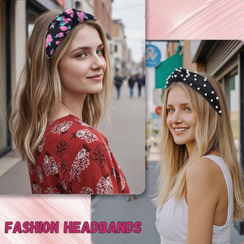 AWAYTR 4-Pack Headbands for Women Wide Elastic Top Knotted Pearl Hair Bands for Girls Hair Accessories (Black, One size)