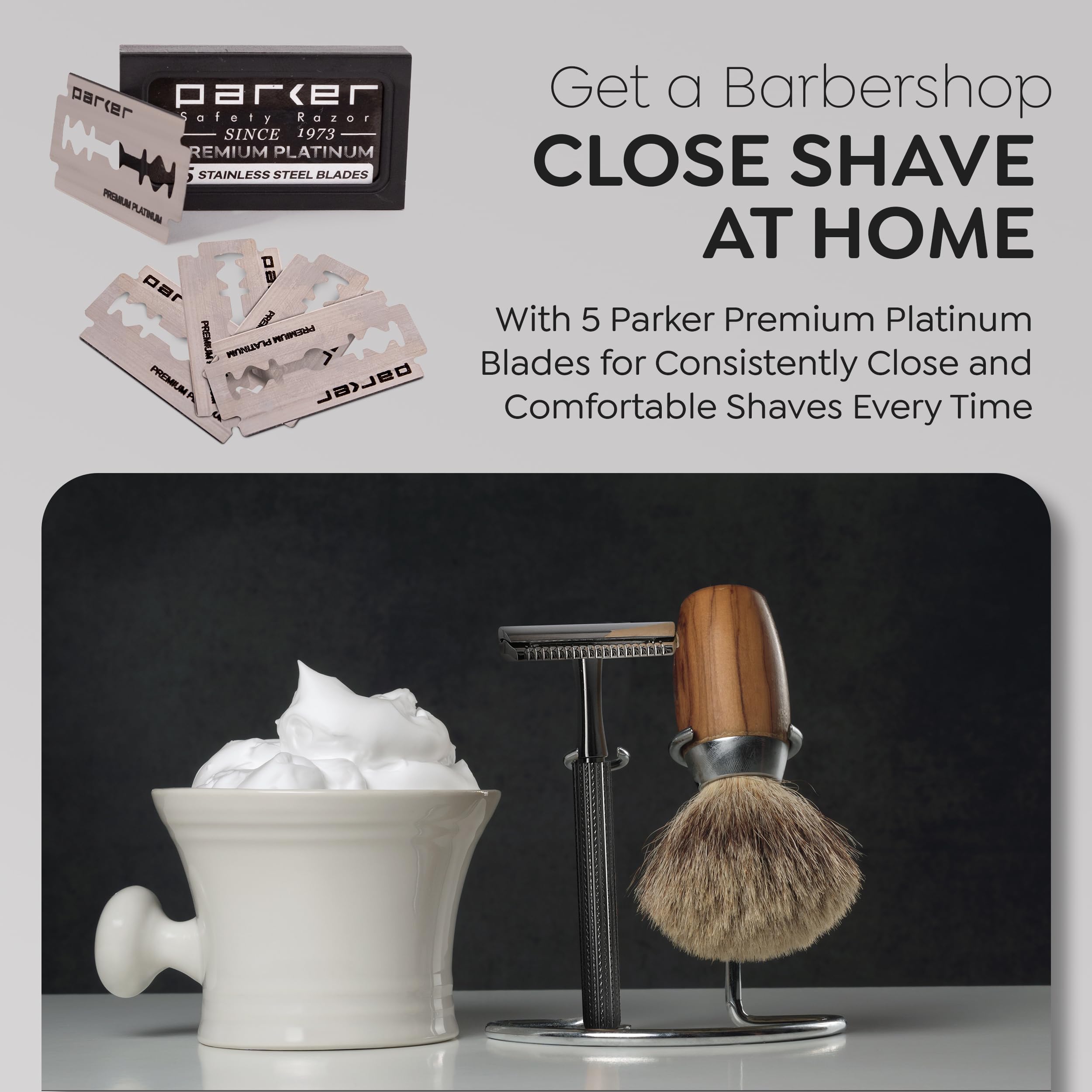 Parker 78R Double Edge Safety Razor with 5 Safety Razor Blades, Women & Men’s Safety Shaving, Reusable, Plastic-Free – Graphite