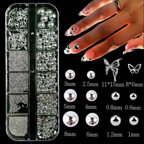 Silver Nail Charms Y2K Kit, 5 Boxes 3D Nail Charms and Gems Rhinestones for Nail Art Accessories, Silver Piercing Cross Charms for Nails Design Star, Flatback Pearls Caviar Beads for Nails Decor
