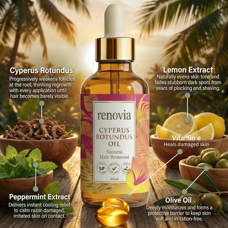 Renovia Cyperus Rotundus Oil, Cyperus Rotundus Oil For Hair Removal, Hair Removal Oil, Moisturizing Soothing For Smooth Looking Skin With Peppermint, Herbal Formula For Smooth Skin All Skin Types (2)