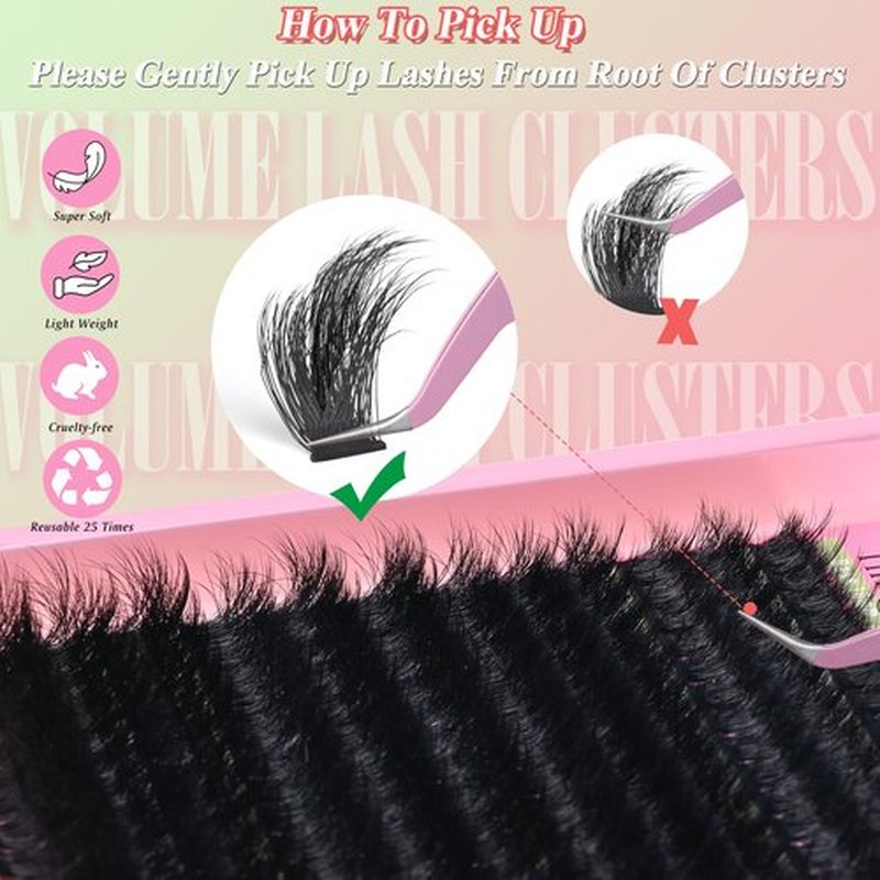 Thick Lash Clusters 300D Extra Volume With Spikes,14-22mm Dramatic Mega D Curve Glam Looking,Full & Bold Cluster Eyelash Extensions,Locked Band No Shedding,Reusable Faux Mink Cluster Lashes-Hiklasy
