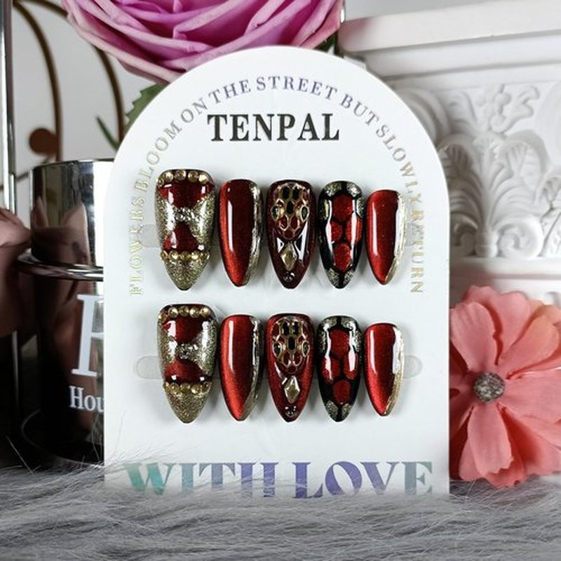 TENPAL 10Pcs Handmade Press On Nails Almond,Gothic Siren Fake Nails with Dramatic Cat Eye & Crimson Glow,Edgy Red & Black Glue on Nail Set with Tools,Glossy Vampy Nails for Concerts Night Events(M)