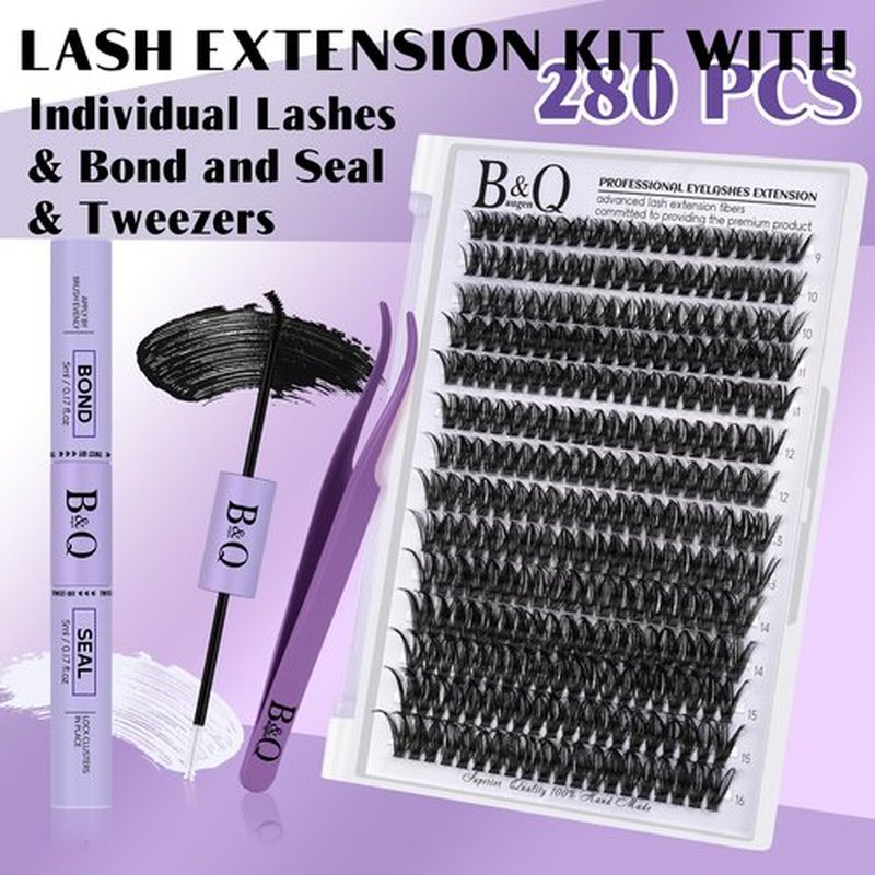DIY Lash Extension Kit 280pcs Individual Lashes Cluster D Curl Eyelash Extension Kit Lash Clusters with Lash Bond and Seal and Lash Applicator Tool for Self Application (KIT,50D-D-9-16MIX)