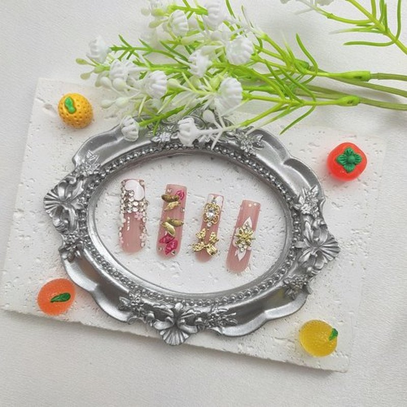 Handmade Press on Nails Long Fake Nails with 3D Flower Bow Rhinestones Butterfly Charms Designs Cute Nails Press ons Glossy Glue on Nails Nude Acrylic Nails Artificial Stick on Nails for Women 24Pcs