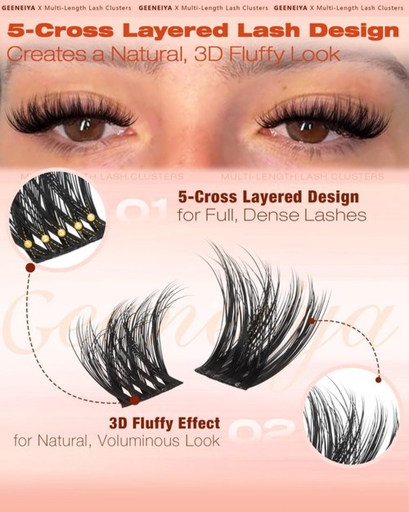 Geeneiya Fluffy Lash Clusters 8-16mm, Natural 3D Fluffy Effect Eyelash Clusters, C Curl DIY Cluster Eyelash Extensions for Salon-Like Lashes at Home