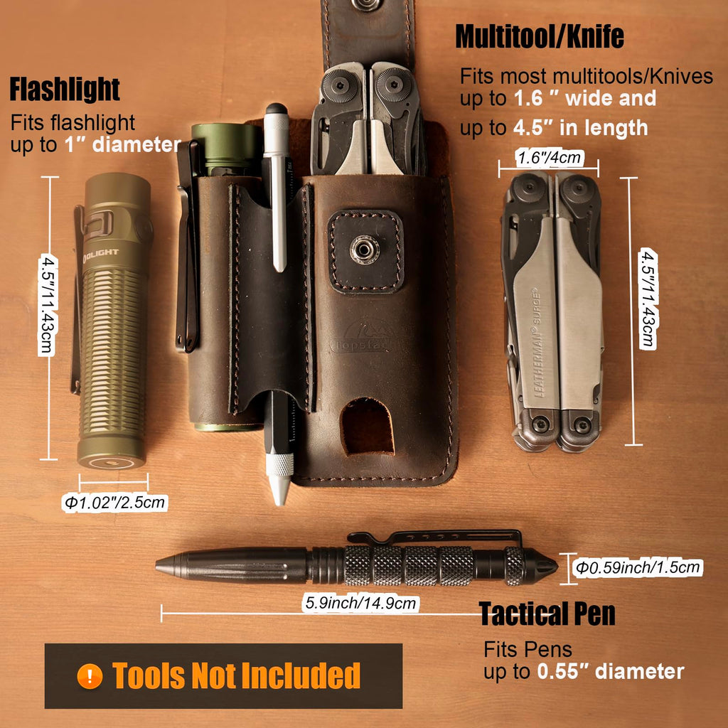 Topstache Leather Multitool Sheath - Multi Tool Holster with Belt Clip - EDC Belt Organizer Fits Multitool, Flashlight, Pen - Leather EDC Pouch Belt Holder Case with Closure Flap, Darkbrown