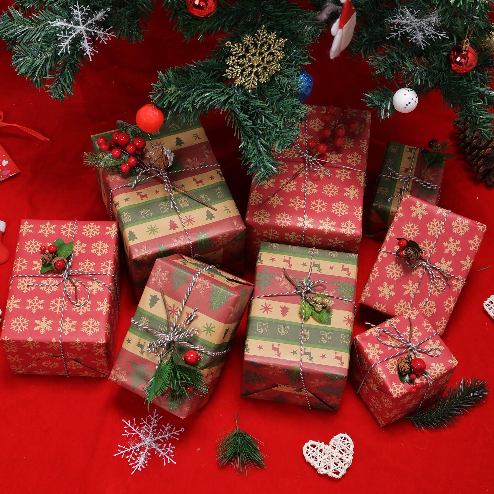 AhfuLife 2 Rolls Christmas Wrapping Paper - 17 Inch × 49.2 Ft Per Roll, Recyclable Red Kraft Xmas Wrapping Paper for Christmas Gift Box Decoration