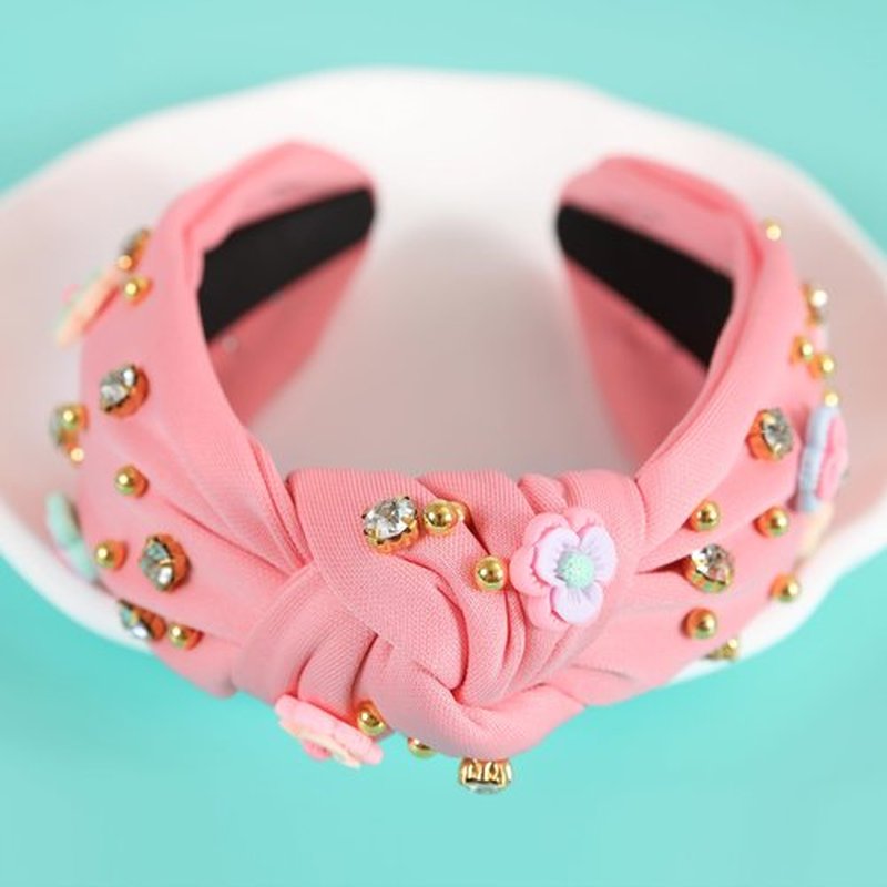 Gmmidea Flower Knotted Headbands for Women Sparkly Beaded Crystal Floral Headband Wide Top Knot Fancy Embellished Hairband Fashion Girls Summer Holiday Hair Accessories B-Pink