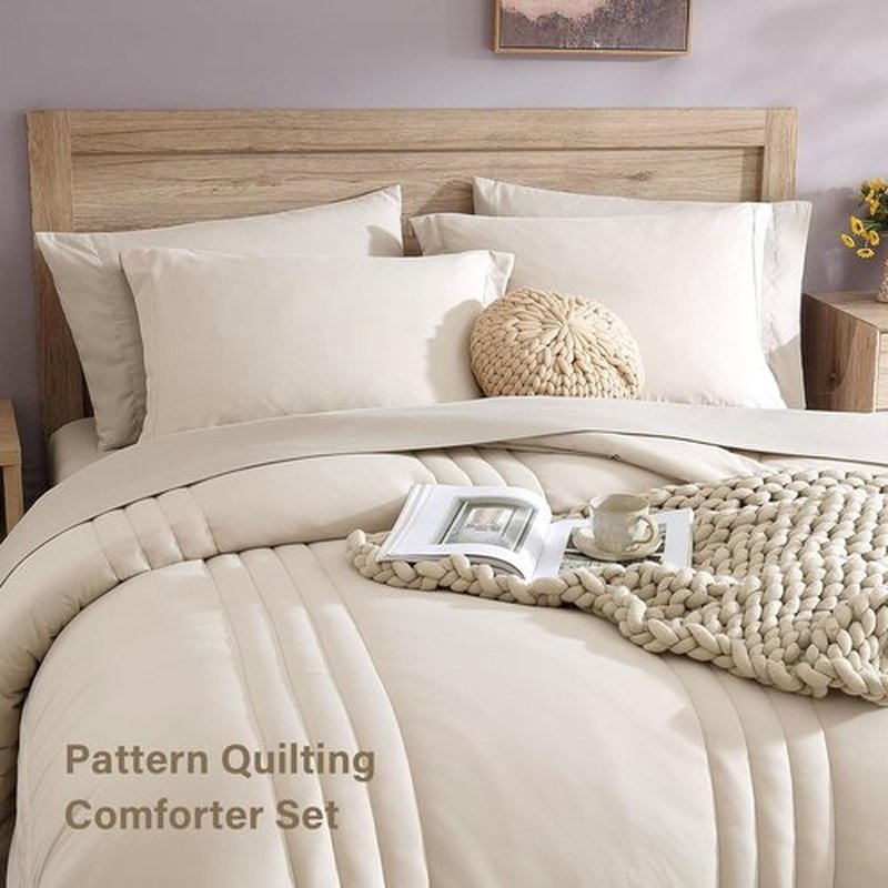 Monbix Queen Comforter Set - 7-Piece Beige Bedding Set with All-Season Comforter, Sheets & Pillowcases