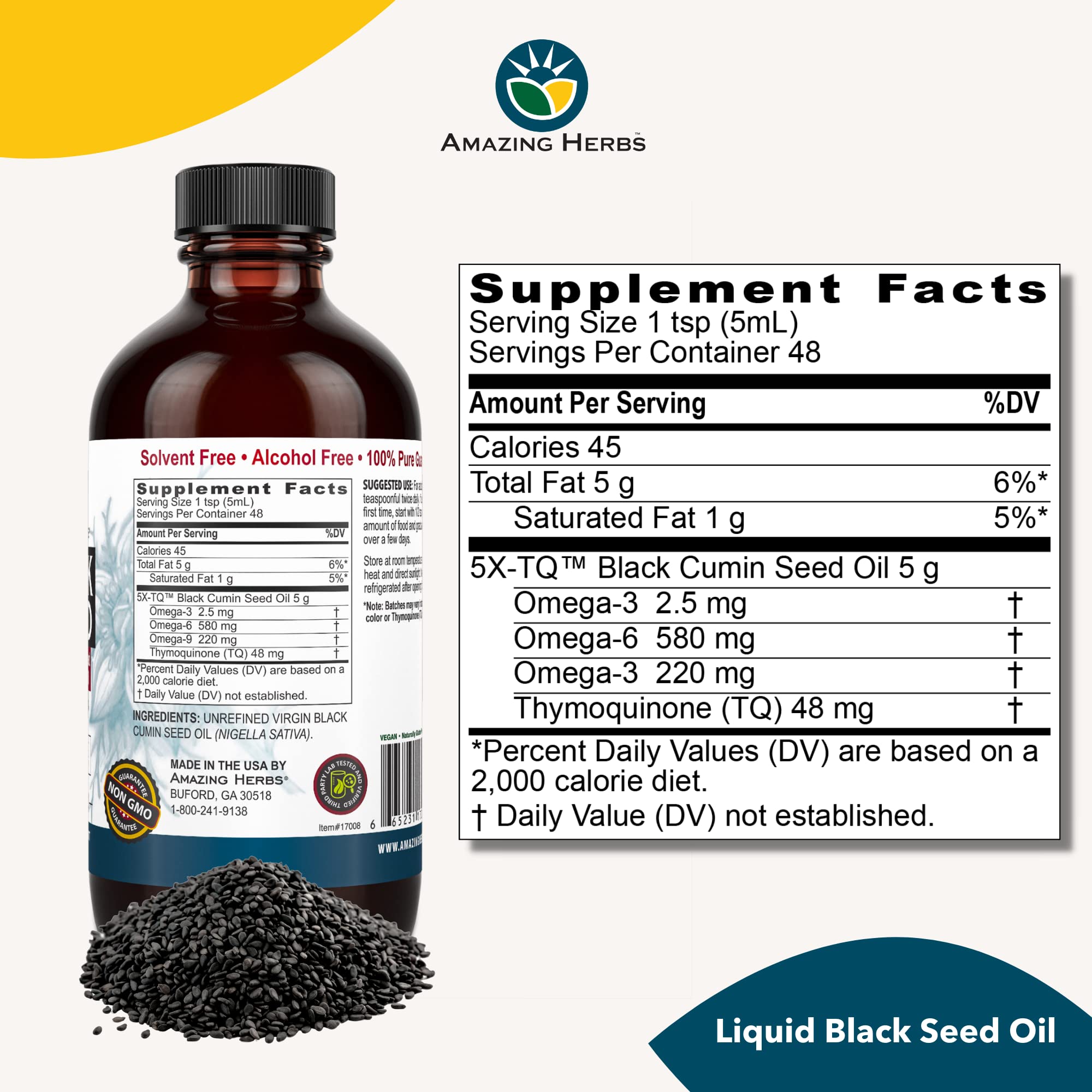 Amazing Herbs Egyptian Black Seed Oil - Gluten Free, Non GMO, Cold Pressed Nigella Sativa Supports Digestive Health, Immune Support, Mild Flavor - 8 Fl Oz