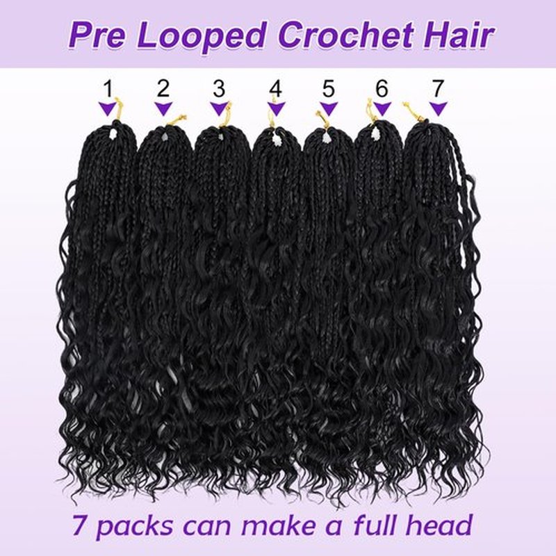Eacia Goddess Box Braids Crochet Hair for Black Women 18 Inch Pre Looped Boho Crochet Box Braids with Curly Ends 7 Packs (18 Inch, 1B#)