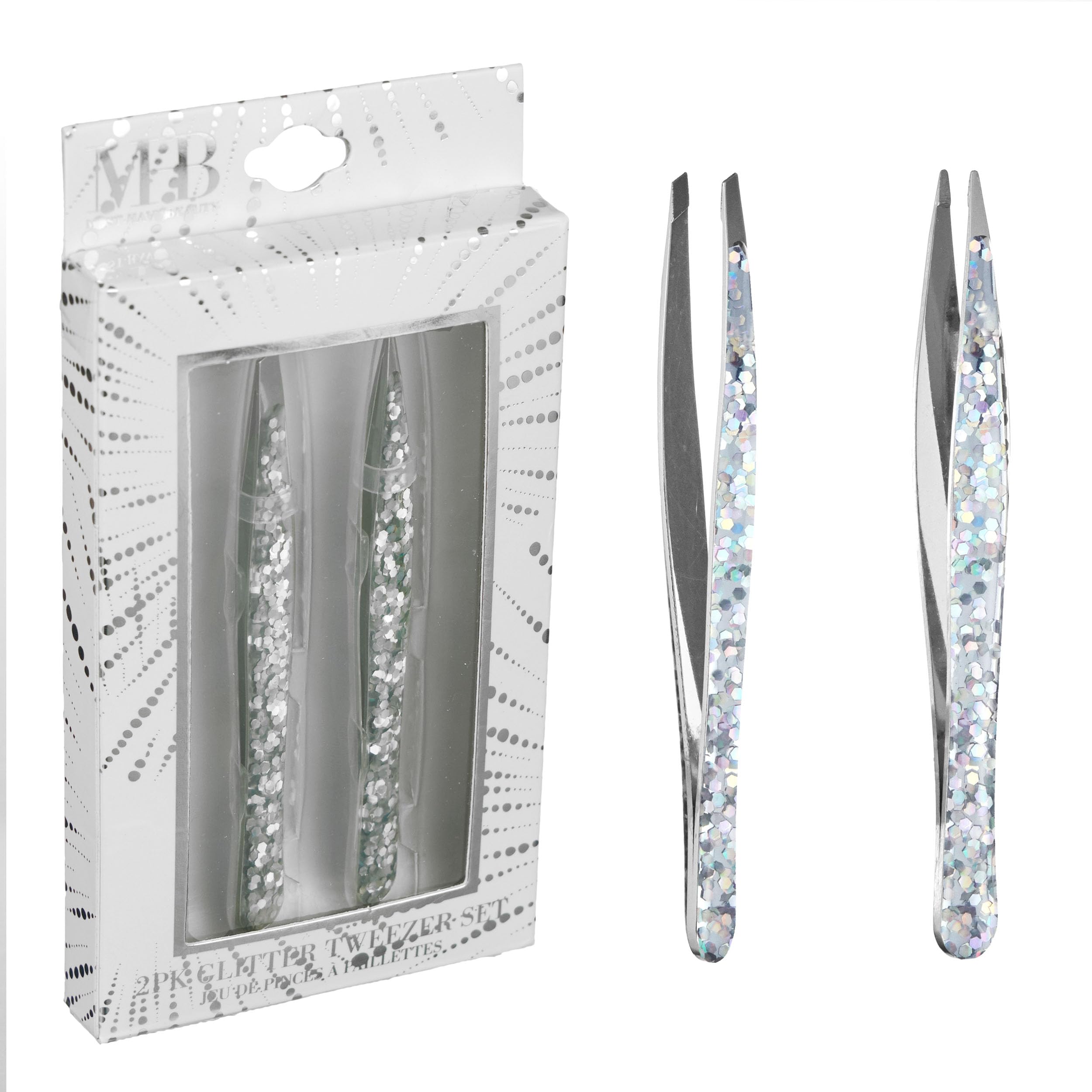 2pc Silver Glitter Tweezer Set - Pointed & Slanted Stainless Steel