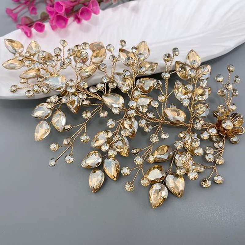 Mpoikba Wedding Hair Pieces for Brides, Rhinestone Bride Headpiece, Handmade Bridal Hair Accessories(Champagne)