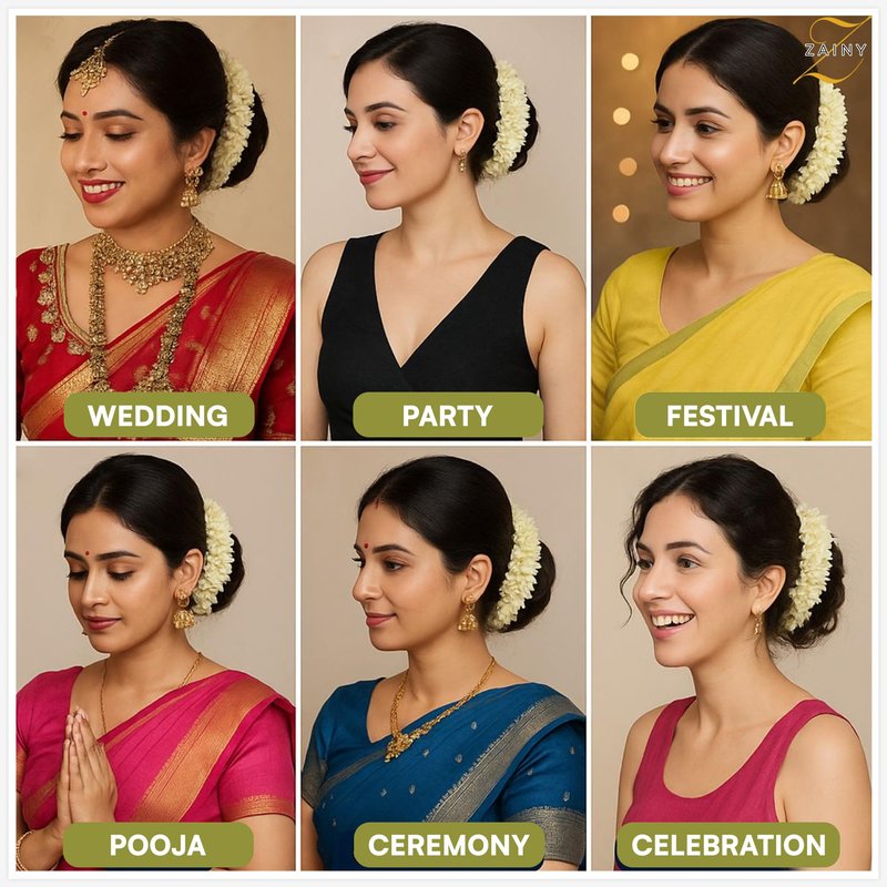 ZAINY 6 Pack Mogra Gajra for Hair Indian Bun, Artificial Fabric Jasmine Flowers Hairbun, White Hair Flowers for Women, Reusable Traditional Veni, Hair Accessories Gajra Bracelet, Juda and Wedding