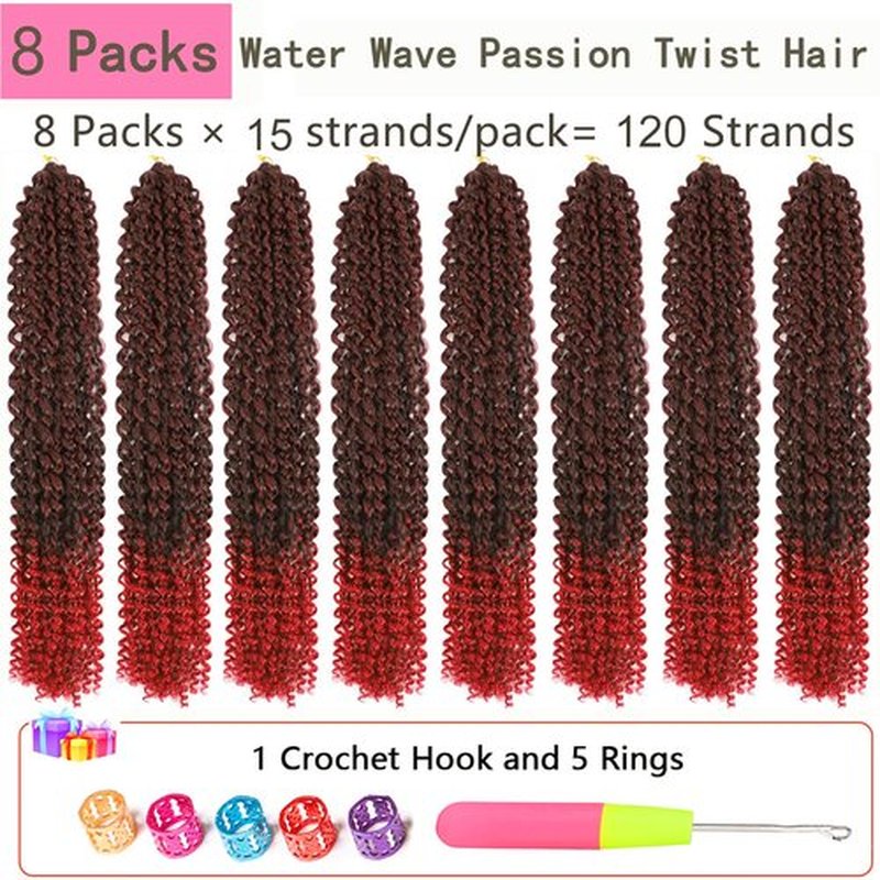 Alrence Passion Twist Hair Red 24 Inch 8 Packs Water Wave Crochet Hair Curly Braiding Hair For Butterfly Locs Long Bohe Crochet Braids (24 Inch (Pack of 8), 1B/Red)