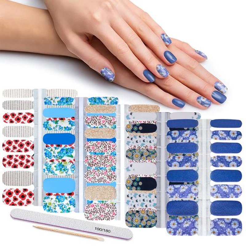 Nail Polish Strips Glitter Flower, DANNEASY 5 Sheets Wide Nail Wraps for Women Adhesive Nail Polish Stickers Nail Strips Real Nail Polish with Nail File, Cuticle Stick
