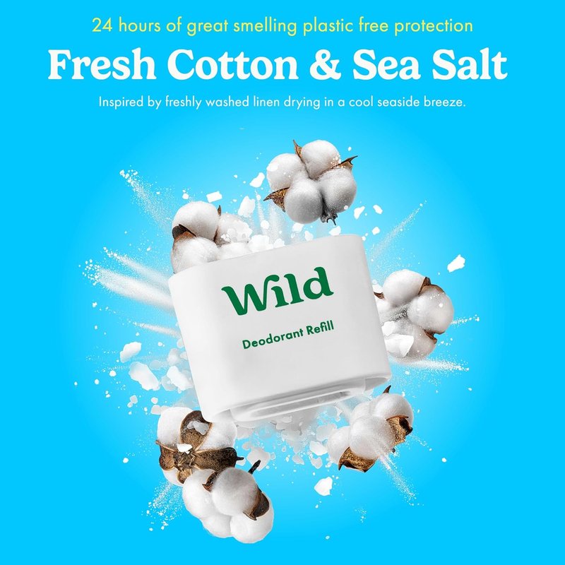Wild Aluminum Free Deodorant - Fresh Cotton & Sea Salt Refill Trio - 98% Natural Ingredients | Vegan, Eco-Friendly Protection