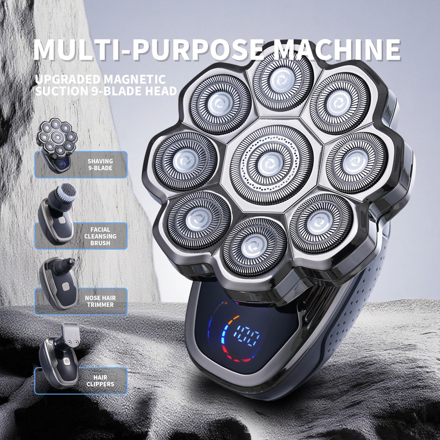 5-in-1 Electric Shaver for Men, Waterproof 9-Blade Razor Kit for Shaving Head & Face, LCD Display, Magnetic Head, Nose/Beard Trimmer, Cleaning & Massage Brush, Travel, 60min Runtime