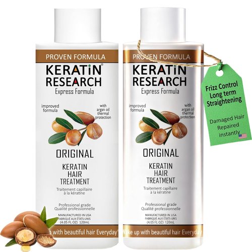 KERATIN RESEARCH Brazilian Keratin Hair Treatment - Professional Smoothing & Straightening | Organic, Natural-Looking Shine (X2)