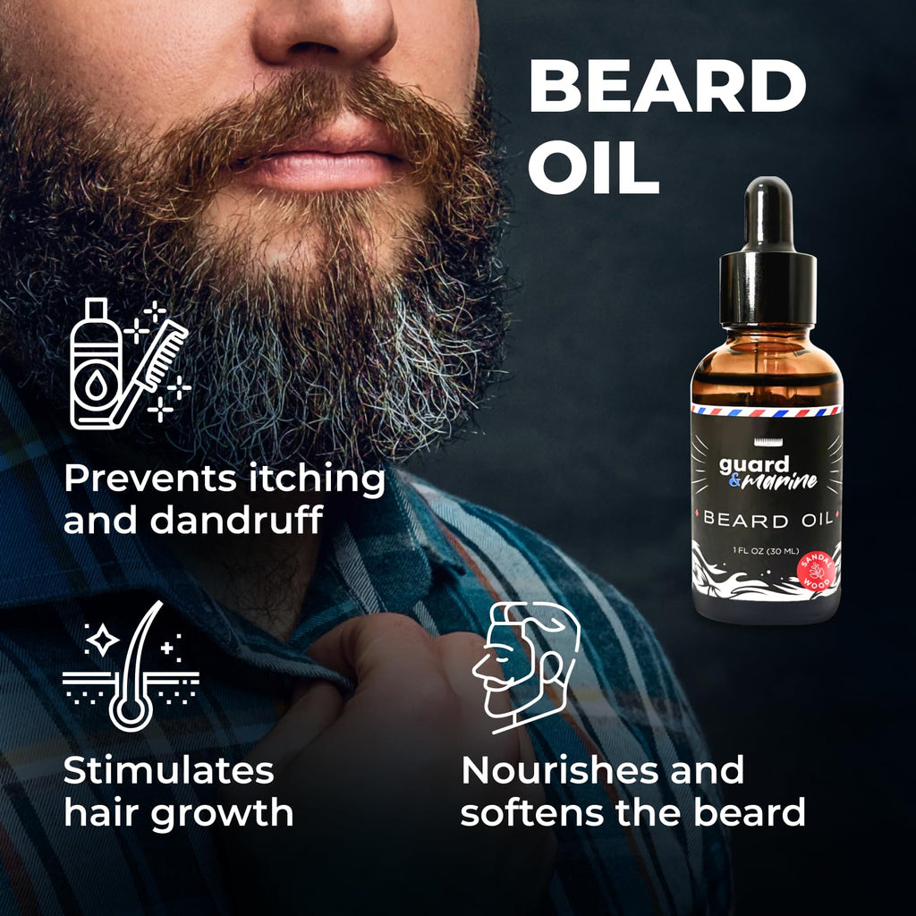 GUARD&MARINE Beard Oil and Balm Set - Men’s Beard and Mustache Care Kit for Growth, Styling, Conditioning, and Sandalwood-Scented Grooming