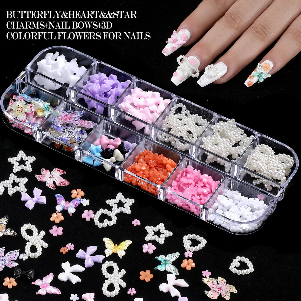 YGQQOY Nail Charms,Nail Gems, Flower Bow Butterfly Nail Charms and Gems,Nail Art Studs and Rhinestones,Nail Decorations Kit with Gold Beads,White Pearls for Nails,Nail Glitters and Stickers