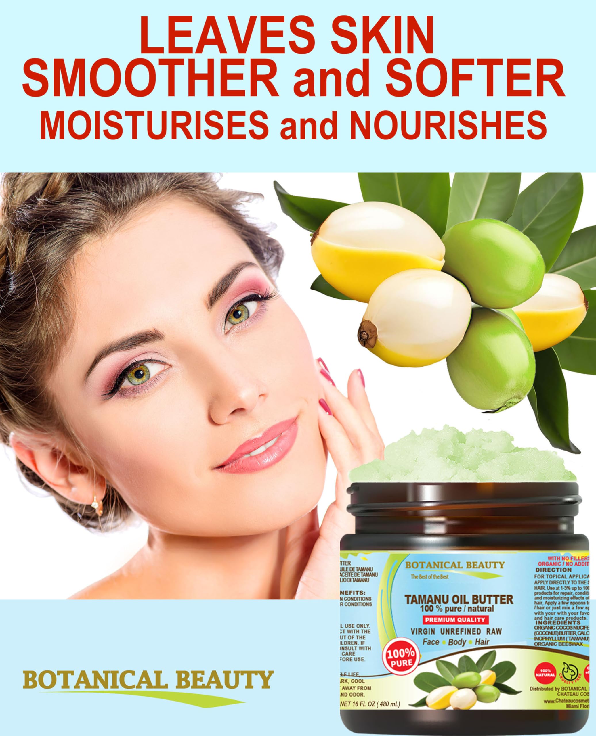 Botanical Beauty TAMANU OIL BUTTER RAW 100% Pure Natural VIRGIN UNREFINED Cold-Pressed Carrier for Face, Skin, Body, Hair, Lip, Nails. Rich in Vitamin E (4 Fl Oz)