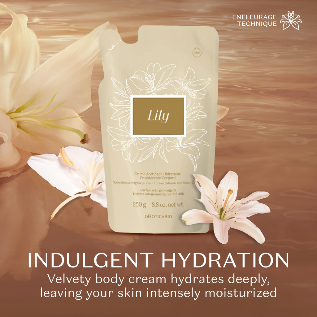 O Boticário Lily Satin Moisturizing Body Cream REFILL POUCH, 24 Hour Fragranced Body Butter for Dry Skin, 8.8 Ounce (250g)