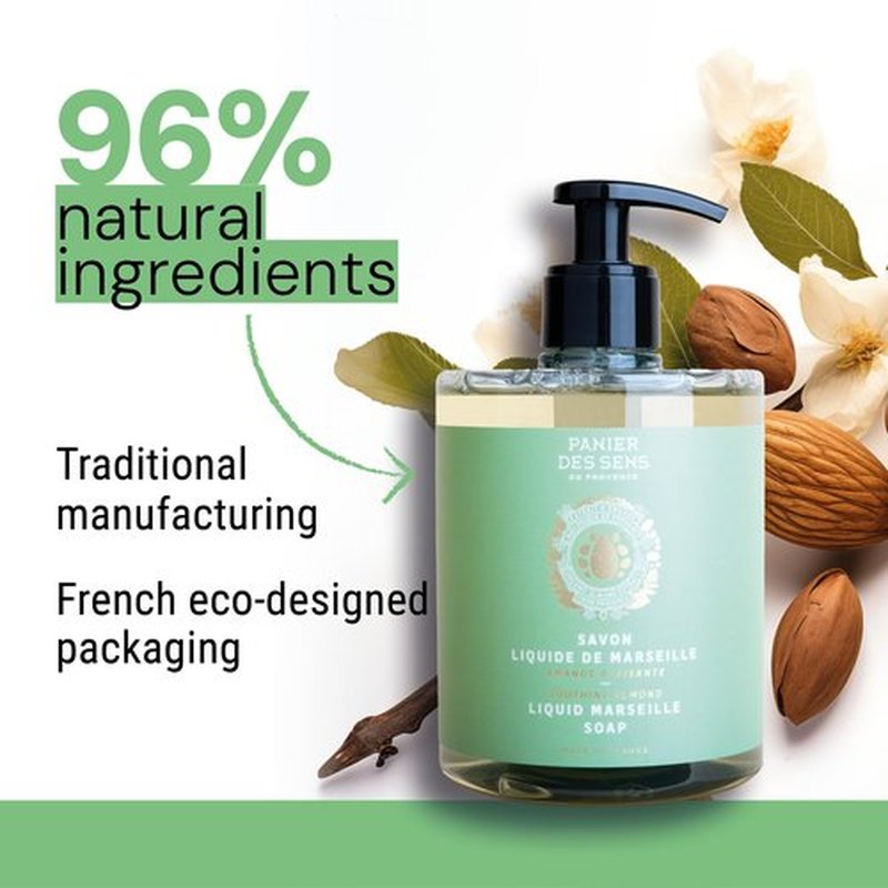 Panier des Sens - Moisturizing Liquid Hand Soap - Almond Hand Wash - French Marseille Soap with Coconut Oil - Refillable Kitchen & Bathroom Hand Soap - 96% Natural Ingredients -16.9 Fl.oz