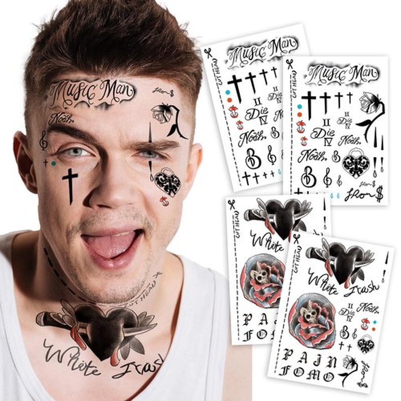 4 Sheets Cosplay Hip-Hop Temporary Face and Body Tattoos – Rapper-Inspired Fake Tattoo Stickers for Men, Women and Kids – Realistic Waterproof Tattoos for Cosplay, Halloween, Parties