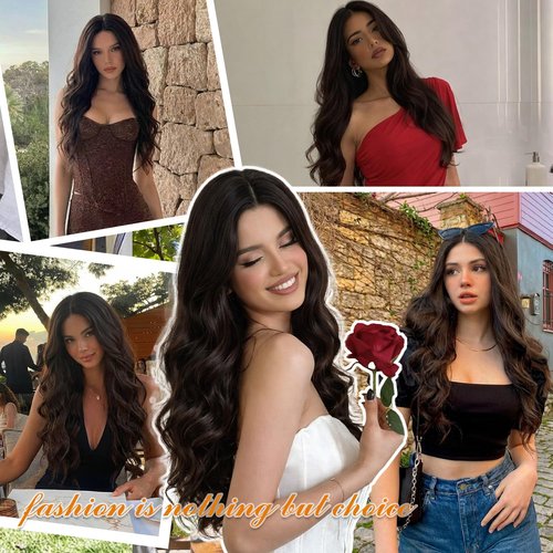 FEIVOSILAN Dark Brown Wig for Women Long Wavy Brown Wig Middle Part 26 Inch Wigs Heat Resistant Synthetic Wig for Daily Use