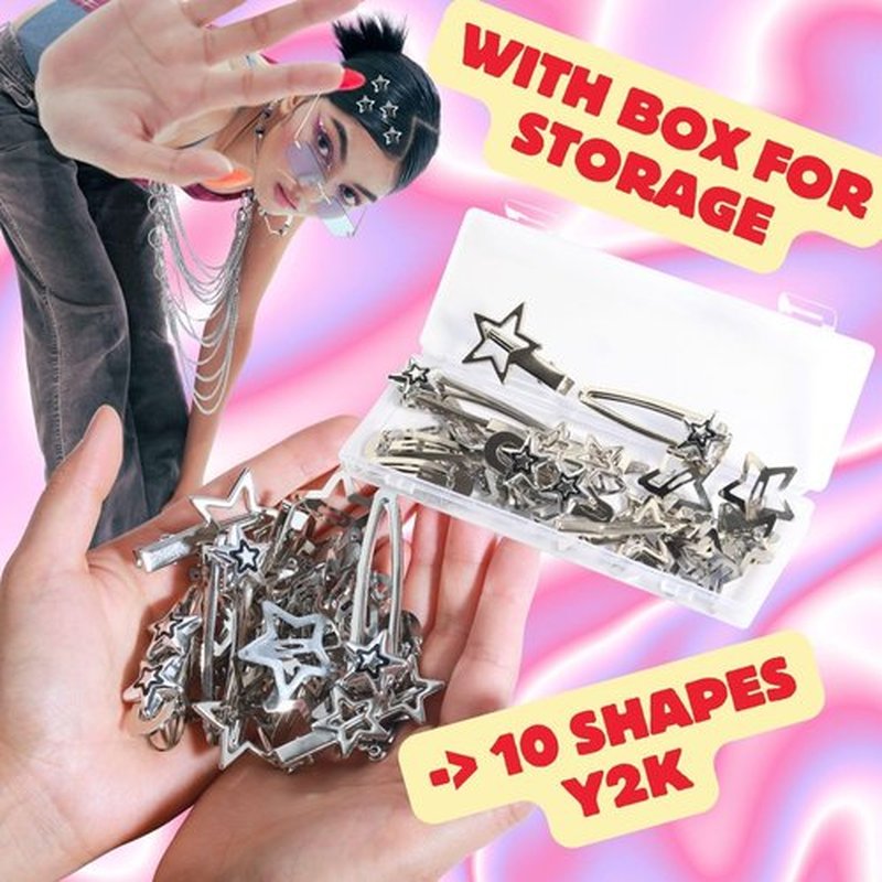 24pcs Y2K Star Hair Clips - Cute Silver Snap Clips for Women, Star Shaped Hair Accessories, Ideal for Emo, Grunge, Punk & 2000s Fashion