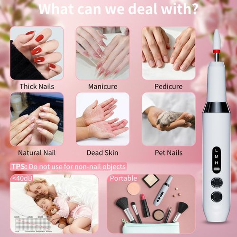Nail Drill Kit,Nail File Cordless Nail Drill Machine for Gel Powder Nails,Professional Portable Manicure Pedicure Rechargeable Lightweight for Home Salon Use