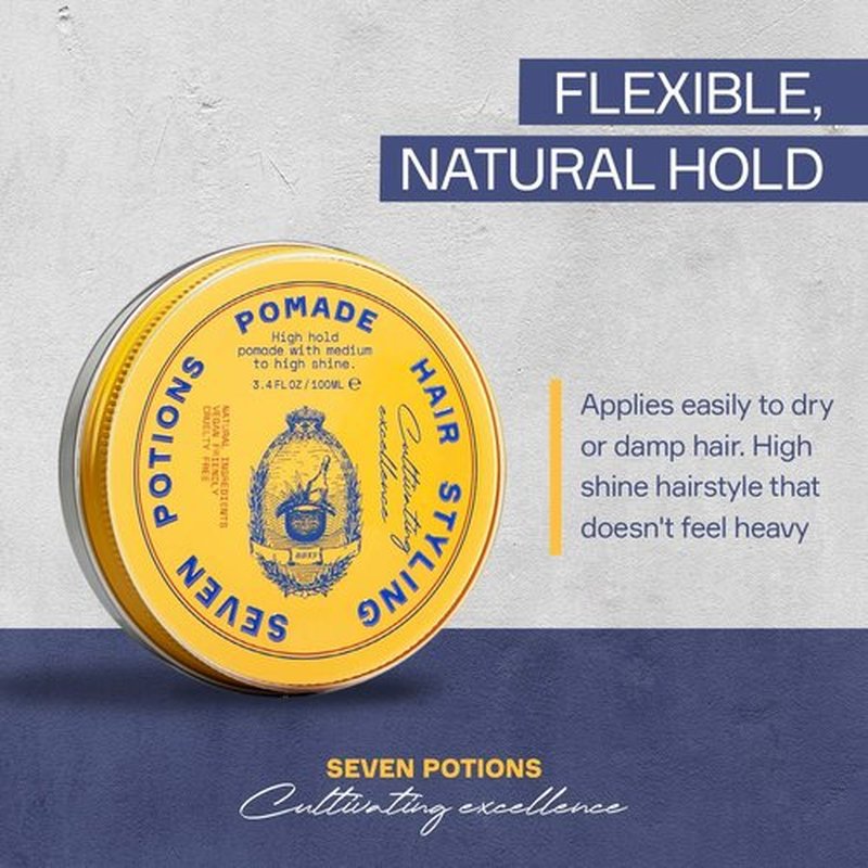 Seven Potions Men’s Hair Pomade - High Shine & Hold | Water-Based, Vegan & Cruelty-Free - 3.4 fl oz