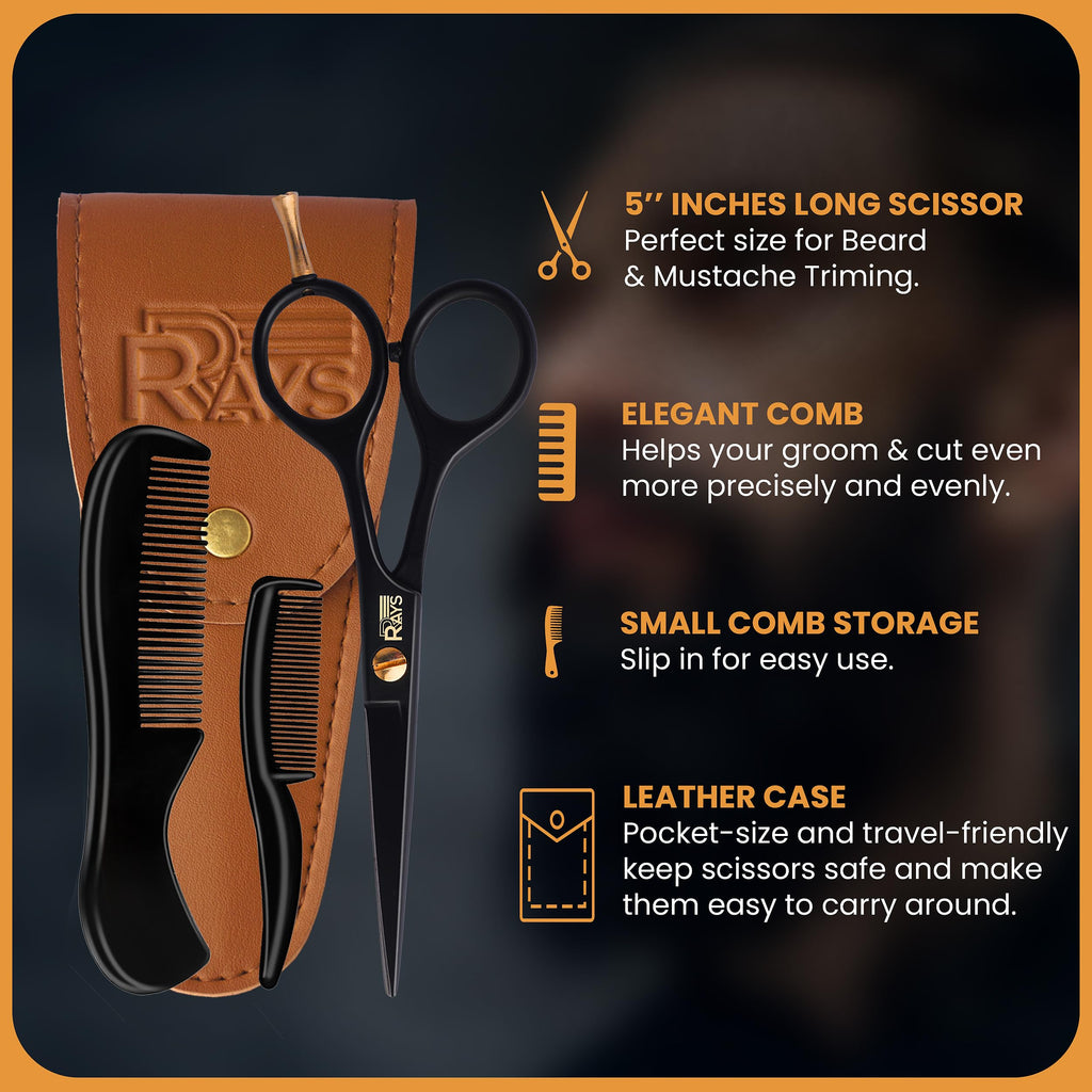 5'' Beard Scissors for Men- German Mustache Scissors with Beard & Mustache Comb- Beard Trimming Scissors with Travel Pouch- Mustache Grooming kit for Men Facial Hair Styling-Mustache Trimmer.