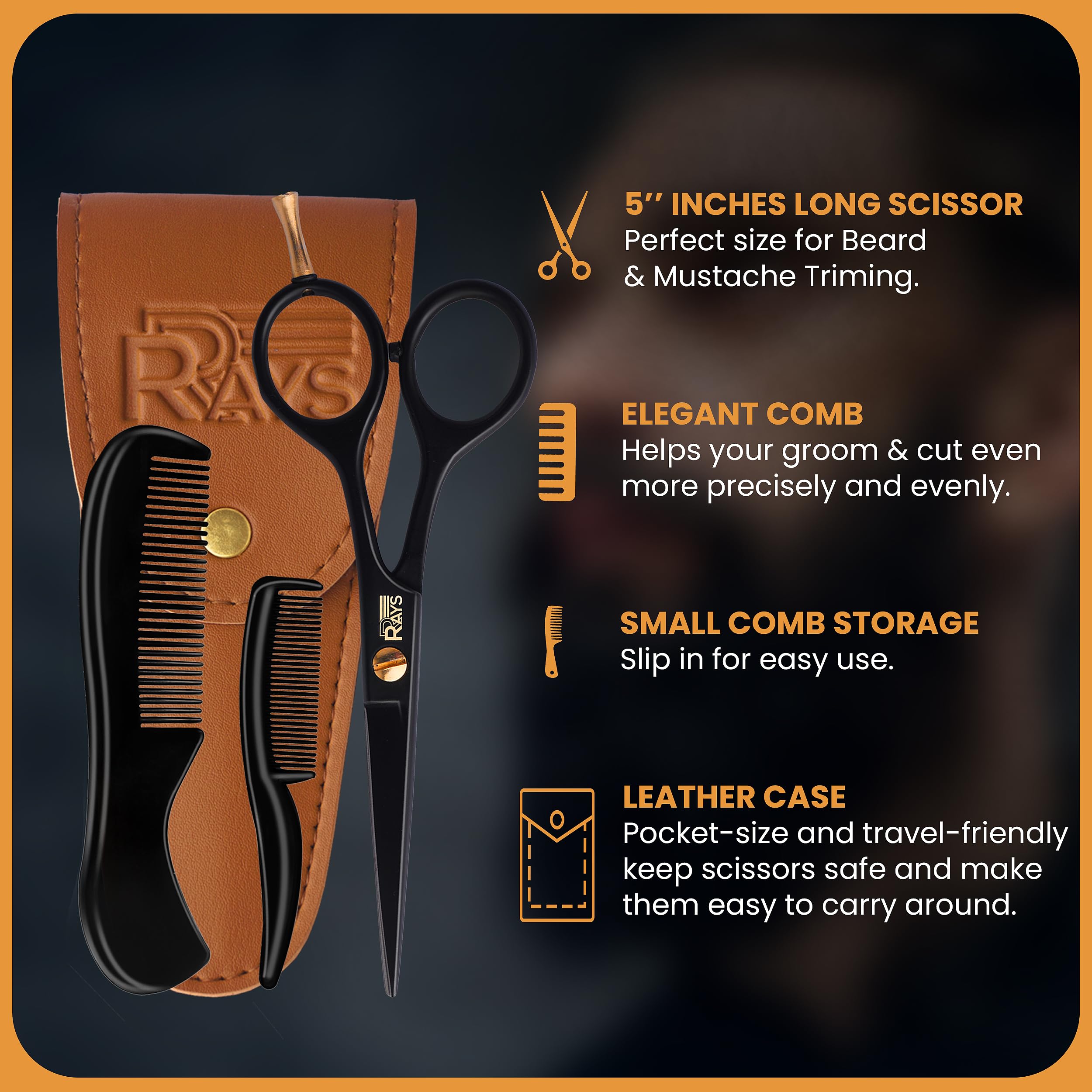 5'' Beard Scissors for Men- German Mustache Scissors with Beard & Mustache Comb- Beard Trimming Scissors with Travel Pouch- Mustache Grooming kit for Men Facial Hair Styling-Mustache Trimmer.