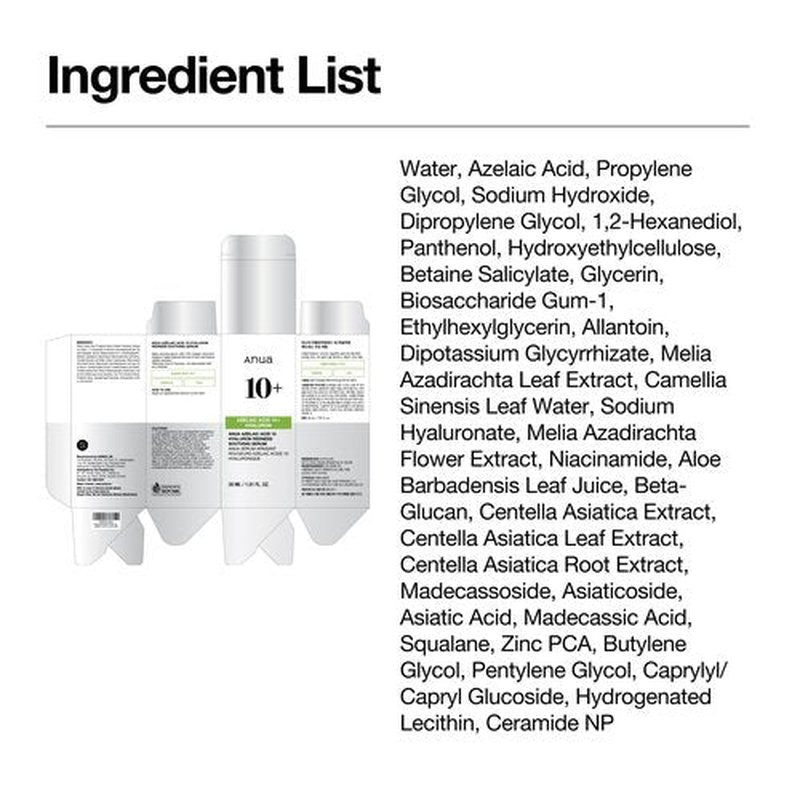 Anua Azelaic Acid 10 Hyaluron Redness Soothing Serum, Facial Serum for Blemish-Prone & Sensitive Skin, Lightweight & Hydrating Blemish Care, Hyaluronic Acid, Korean Skincare, 1.01 fl oz.