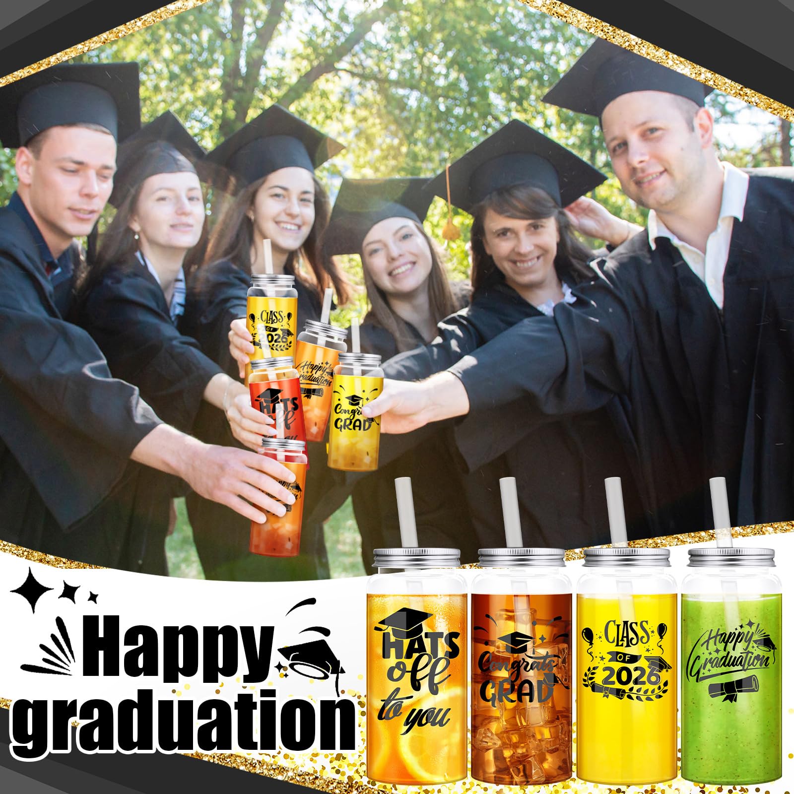 Jingmore 24 Pcs Black Graduation Cups with Straws Bulk 13.5 oz Class of 2026 Plastic Mason Jars Reusable Tumbler Coffee Tea Hot Cocoa Beverage Happy Graduation Tumbler for Congrats Grad Party Gifts