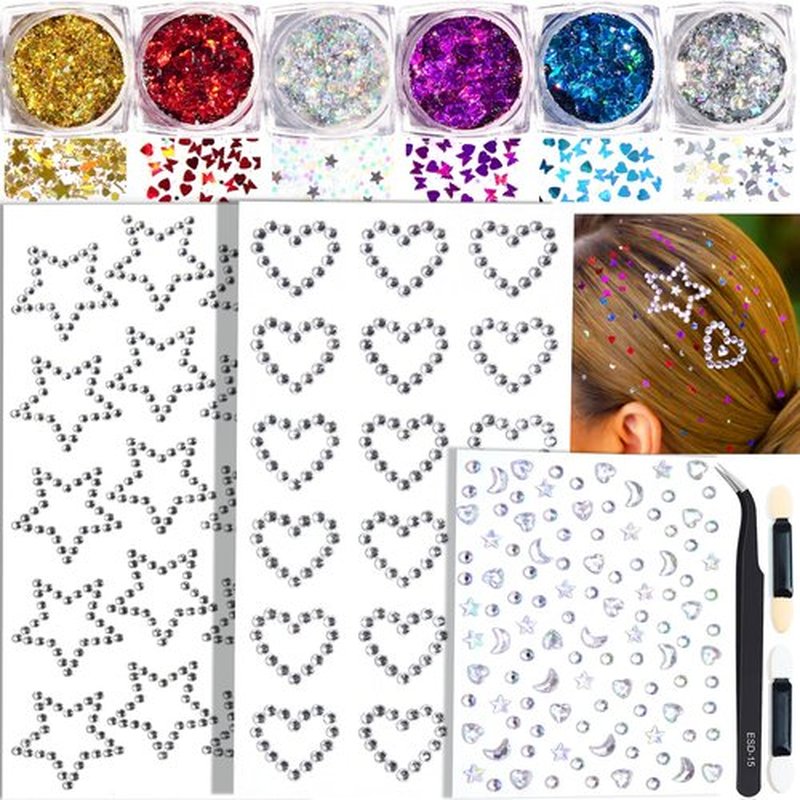 Face Glitter Body Glitter Gel with Face Heart Star Stickers, 6 Colors Hair Glitter Gel with Self Adhesive Face Gems Stick on Rhinestone Stickers for Face, Hair, Body for Festival Makeup