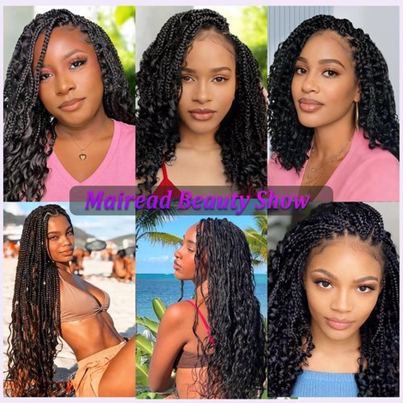Goddess Box Braids Crochet Hair Pre-looped Boho Crochet Braids For Women With Curly Ends 14inch 7 Packs Synthetic Bohemian Box Braids Hair Extensions (1B)