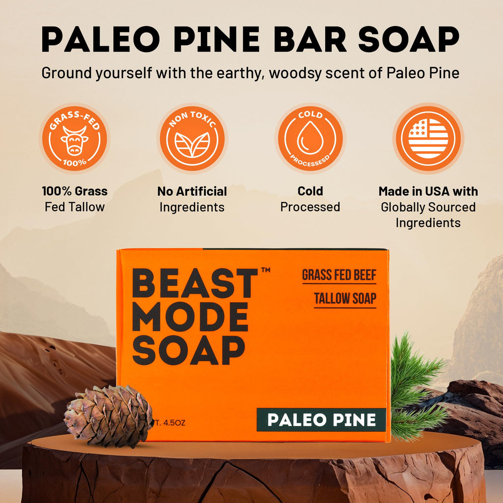 Beast Mode Soap for Men, Paleo Pine, 4-Bar Pack – Natural Grass-Fed Tallow Bar Soap, Exfoliating Sand Blend, Handcrafted, Non-Toxic
