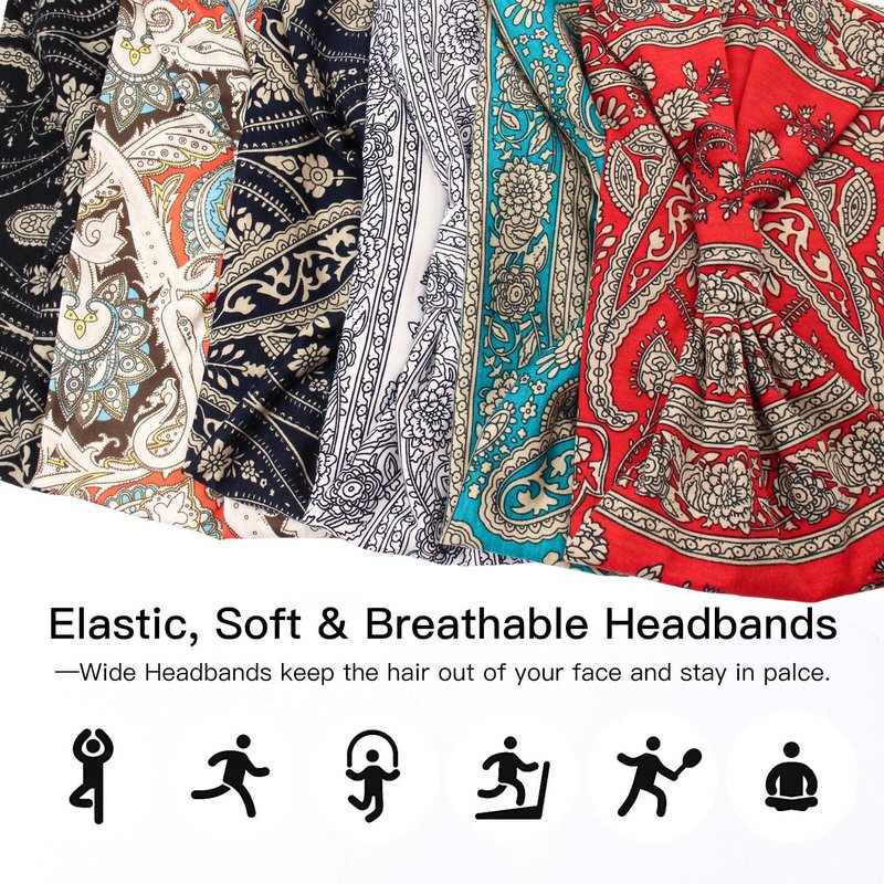 Yeshan Wide Headbands for Women Boho Knotted Head Wraps Turbans Non Slip Bandana Headbands Sport Yoga Workout Stretchy Hair bands,Pack of 6