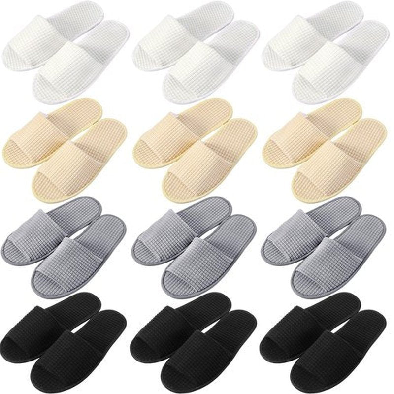 Bunnycool 12 Pairs Disposable Slippers for Guests Open Toe Spa Slippers Bulk Disposable Sandals Soft Fleece for Man Women Spa Hotel Wedding Shoeless Home(Beige, Khaki, Light Gray, Black)