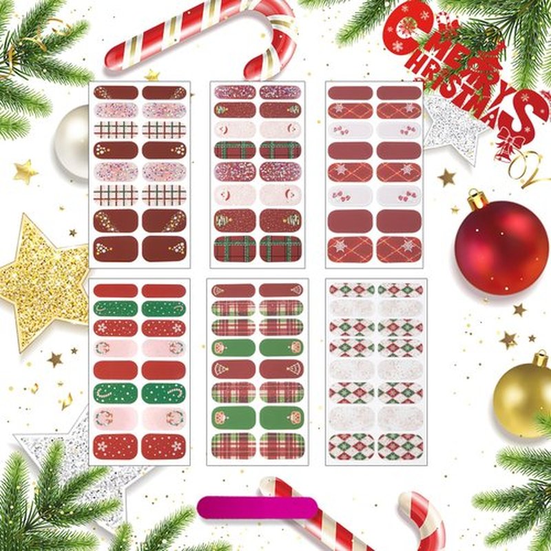 6 Sheets Christmas Nail Wraps Full Stickers Nail Polish Strips, Cute Grid DIY Self-Adhesive Glitter Nail Art Decals Snowflake Xmas Tree Red Green Party Decor with 1 Pcs Nail Files (128 Pieces)