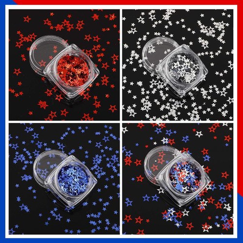 12 Boxes Independence Day Star Glitters Holographic Nail Art Decals Red Blue Silver Mixed Star and Hollow Star Shaped Nail Sequins 4th of July Nail Decals for DIY Nail Art Eye Face Body Decor Crafts