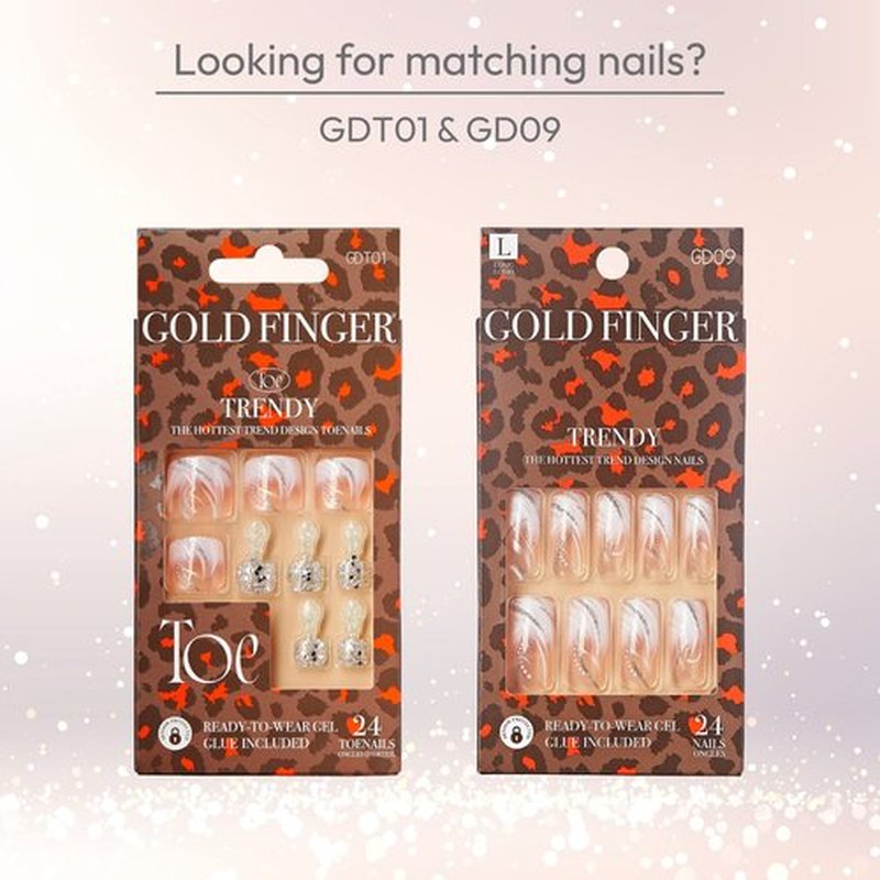 GoldFinger Press On Toenails Regular Fit White Glitter French Design, Squoval Shape, Long Lasting Nail Glue Included, Glue On Toe Nails (Perfect Match) for Beach, Vacation, Special Occasion