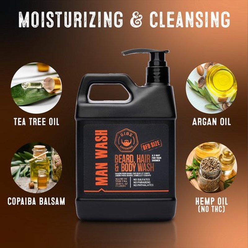 GIBS Grooming - Amber Man Wash (12 fl oz) 3-in-1 Beard, Hair, Body Soap - Citrus, Oak, Basil Scent - Sulfate Free - Tea Tree Oil, Hemp Oil, Protein - Mens Body Wash & Mens Shampoo - Made in USA
