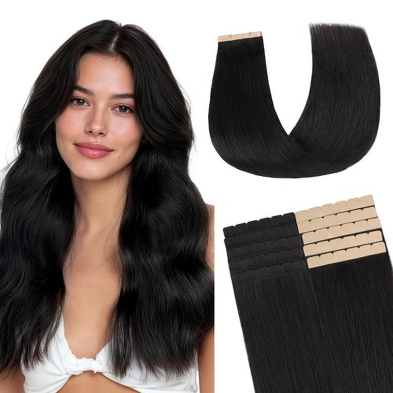 GOO GOO Tape in Hair Extensions Human Hair, 1B Natural black, 16inch 40g 10pcs, Mini Tape Cut to Fit，Skin Weft Seamless Invisible, Remy Human Hair
