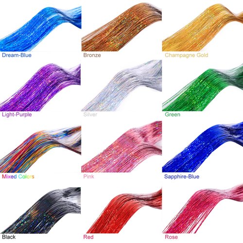 Hair Tinsel Kit with Tools and Instruction Easy to Use 12 Colors 2400 Strands 48 Inches Tinsel Hair Extensions for Women and Girls, Glitter Sparkling Shinny Fairy Hair Accessories for Party
